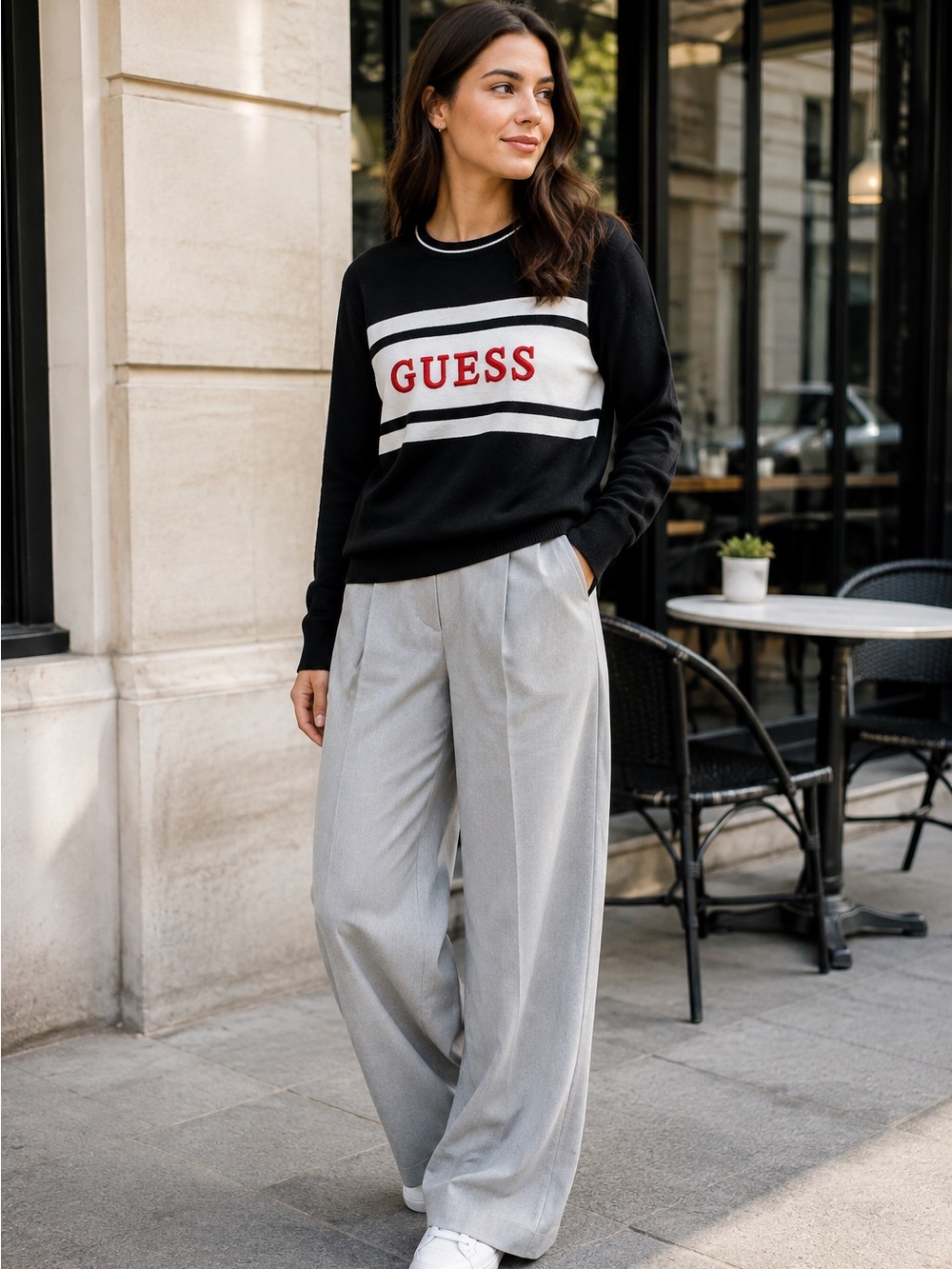 GUESS Women’s 100% Cotton Logo Sweater Black White Red Size S